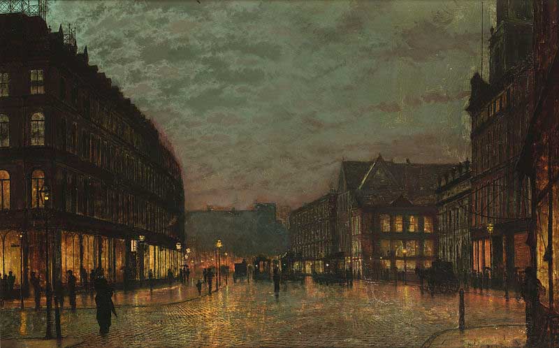 John Atkinson Grimshaw Boar Lane, Leeds, by lamplight. Signed and dated 'Atkinson Grimshaw 1881+' (lower right) signed and inscribed with title on reverse